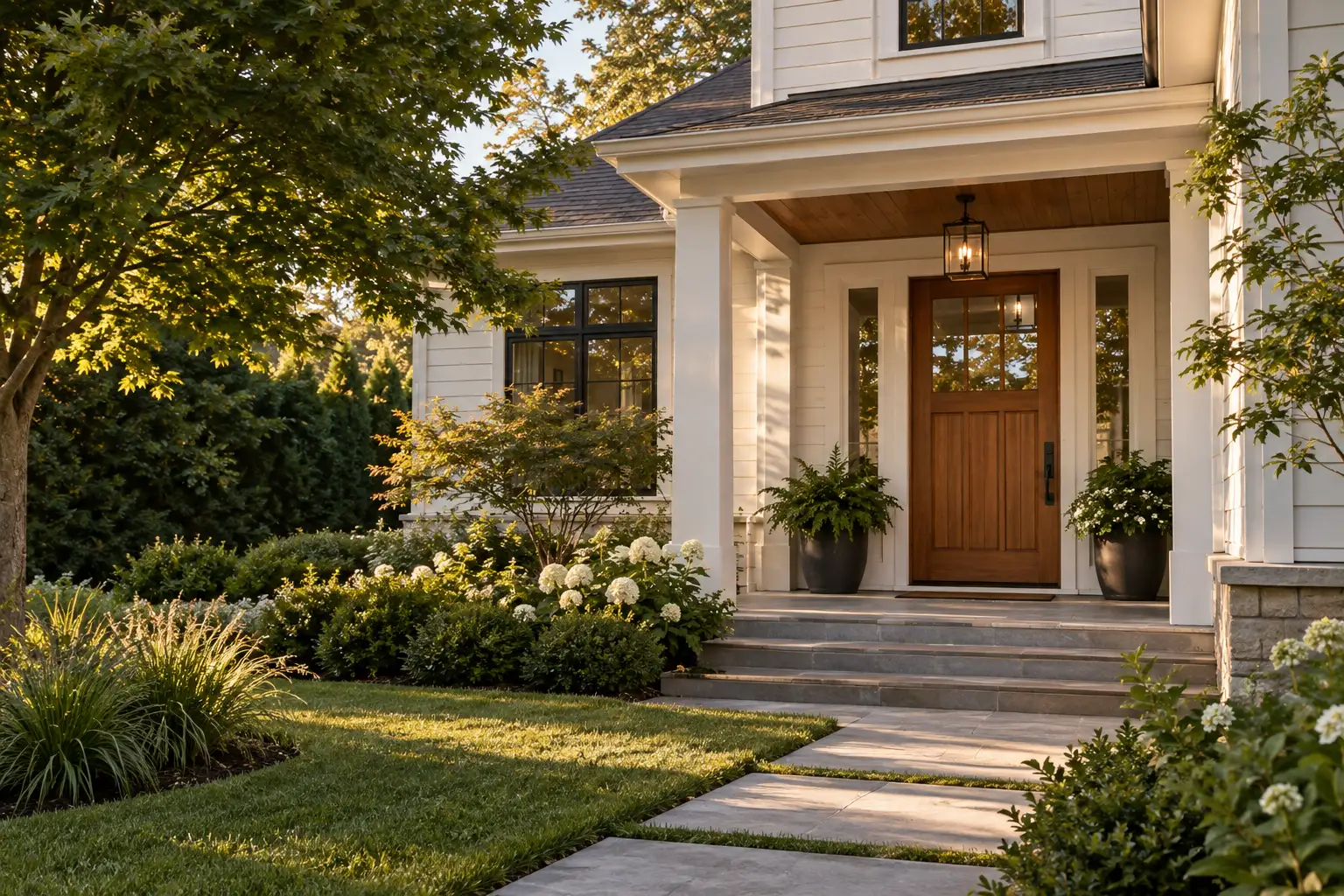 Sunlit white house with a walnut front door and landscaped garden
